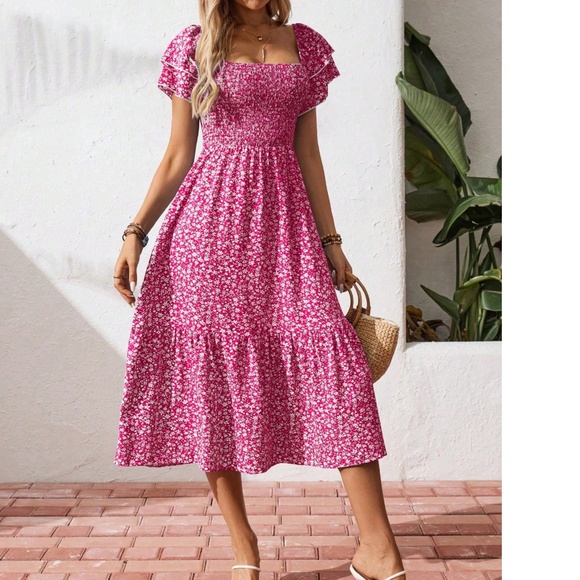 Boho Floral Print Double Ruffle Short Sleeve Smocked Dress - Picture 5 of 8